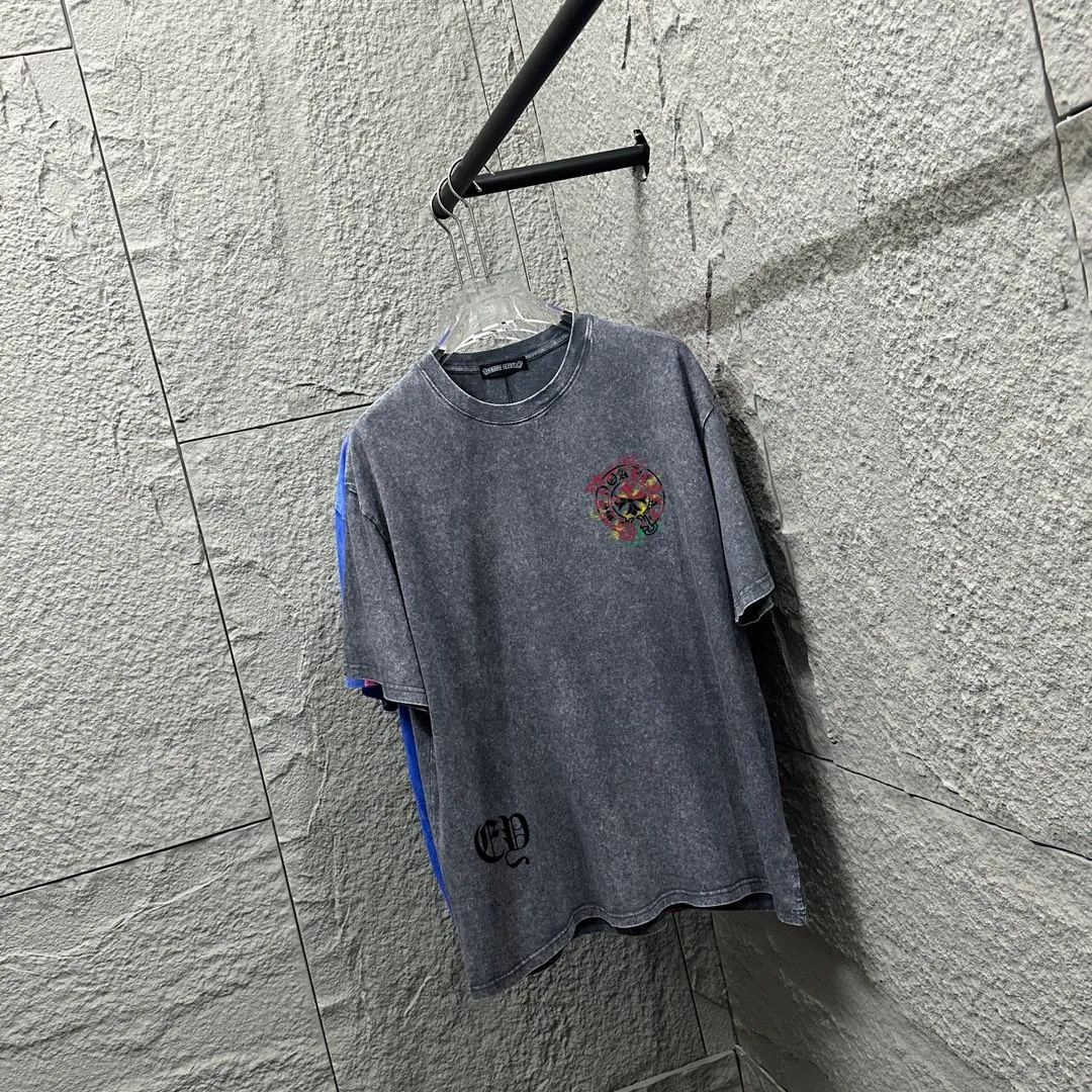 🅿️180 CH Crow Heart* 2025 spring and summer new style Snowflake distressed washed retro round neck short sleeves Chest logo Horseshoe print Customized fabric Short-sleeved T-shirt Unisex Size: S M L XL XXL Color: Snowflake Black Snowflake Gray Snowflake Pink Snowflake Blue